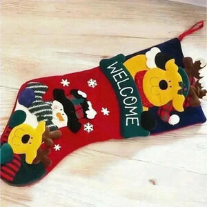 VTG 3D Prima Creations Dog Reindeer Ears Snowman Welcome Christmas Stocking